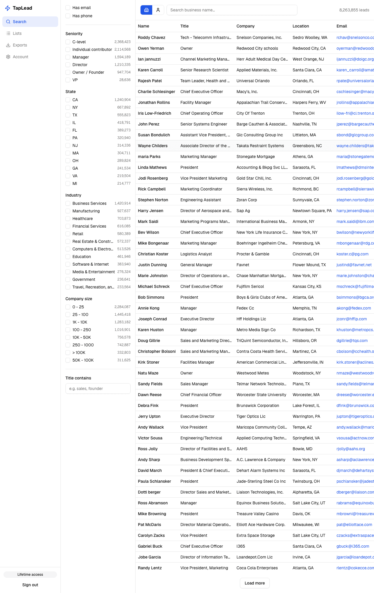 Wibru Leads dashboard โ searching 8M+ business contacts